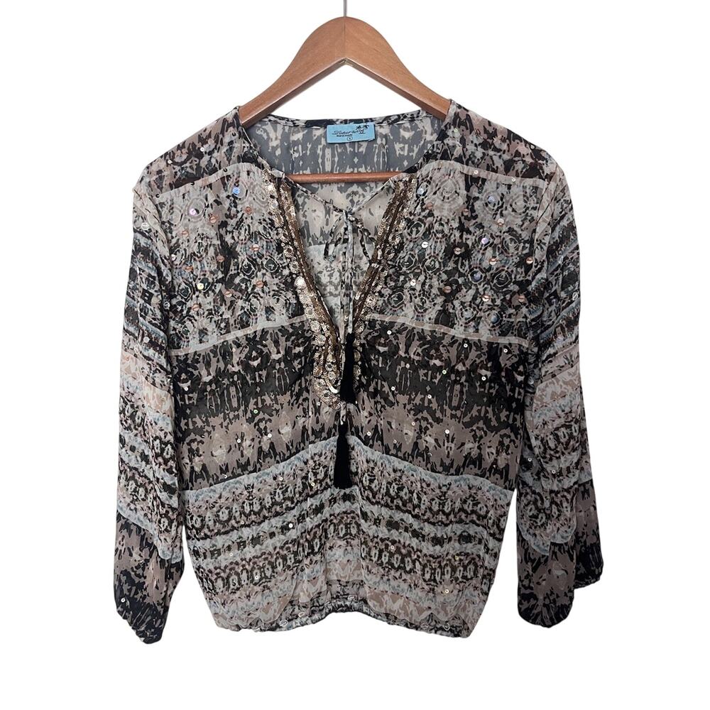 Letarte Handmade Brown Multicolor Sequin Embroidered Semi Sheer Top Sz Small